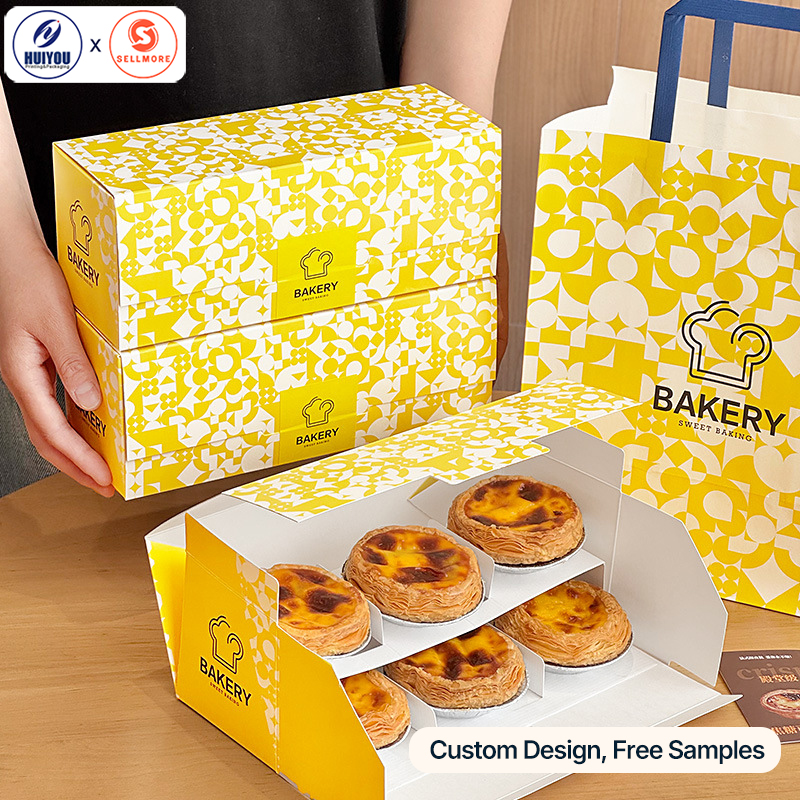 HUIYOU Custom Design Brand Printing Yellow Full Set Egg Tart Bakery Packaging Paper Boxes Set