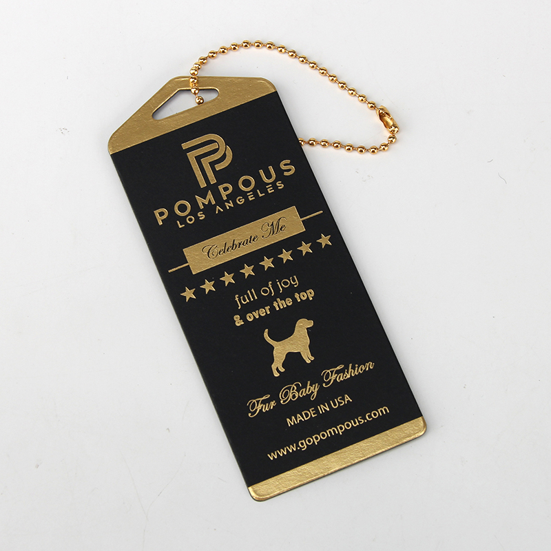 custom black card foil gold logo hangtag with ballchain