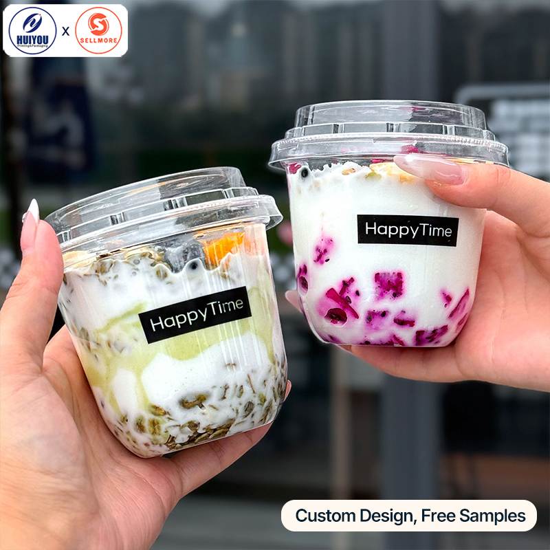 HUIYOU PET PLA Disposable Clear Yogurt & Pudding Plastic Cups with Lids Custom Printing Brand Design