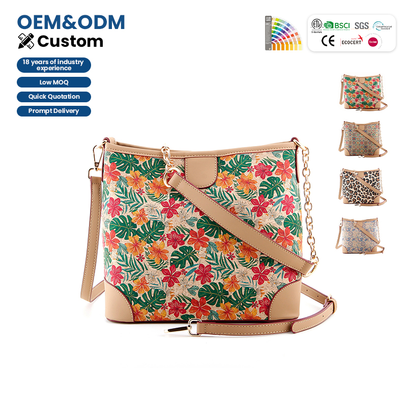 Retro Floral Print Large Capacity Bucket Bag Women Soft Cork Crossbody Shoulder Bag