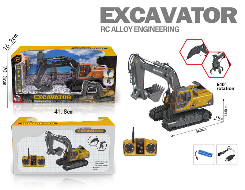14ch Remote Control Alloy Engineering Excavator/Drill/Drappling Head In One Unit