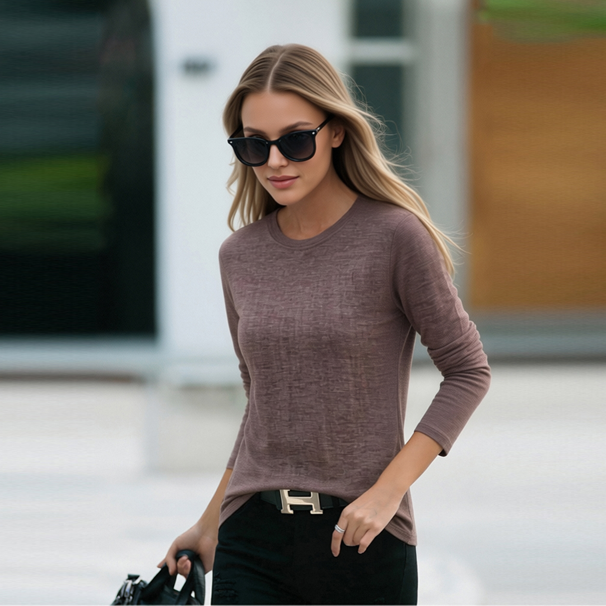 Women T-shirts ladies clothing long sleeve merino wool knitted jersey brown140gsm MW0465