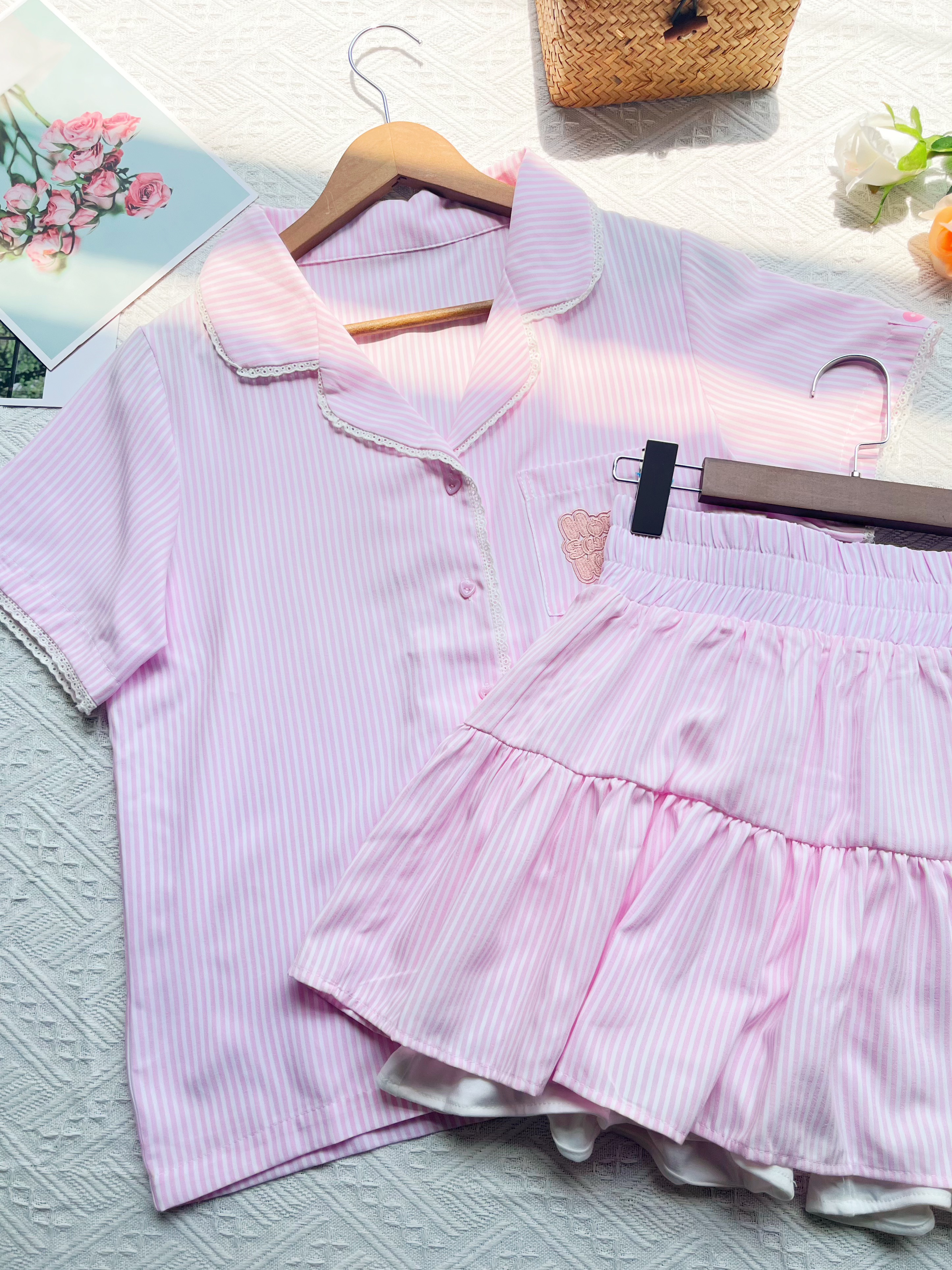 Pink Striped Lace Lapel Short Sleeve Flared Skirt Pajama Set