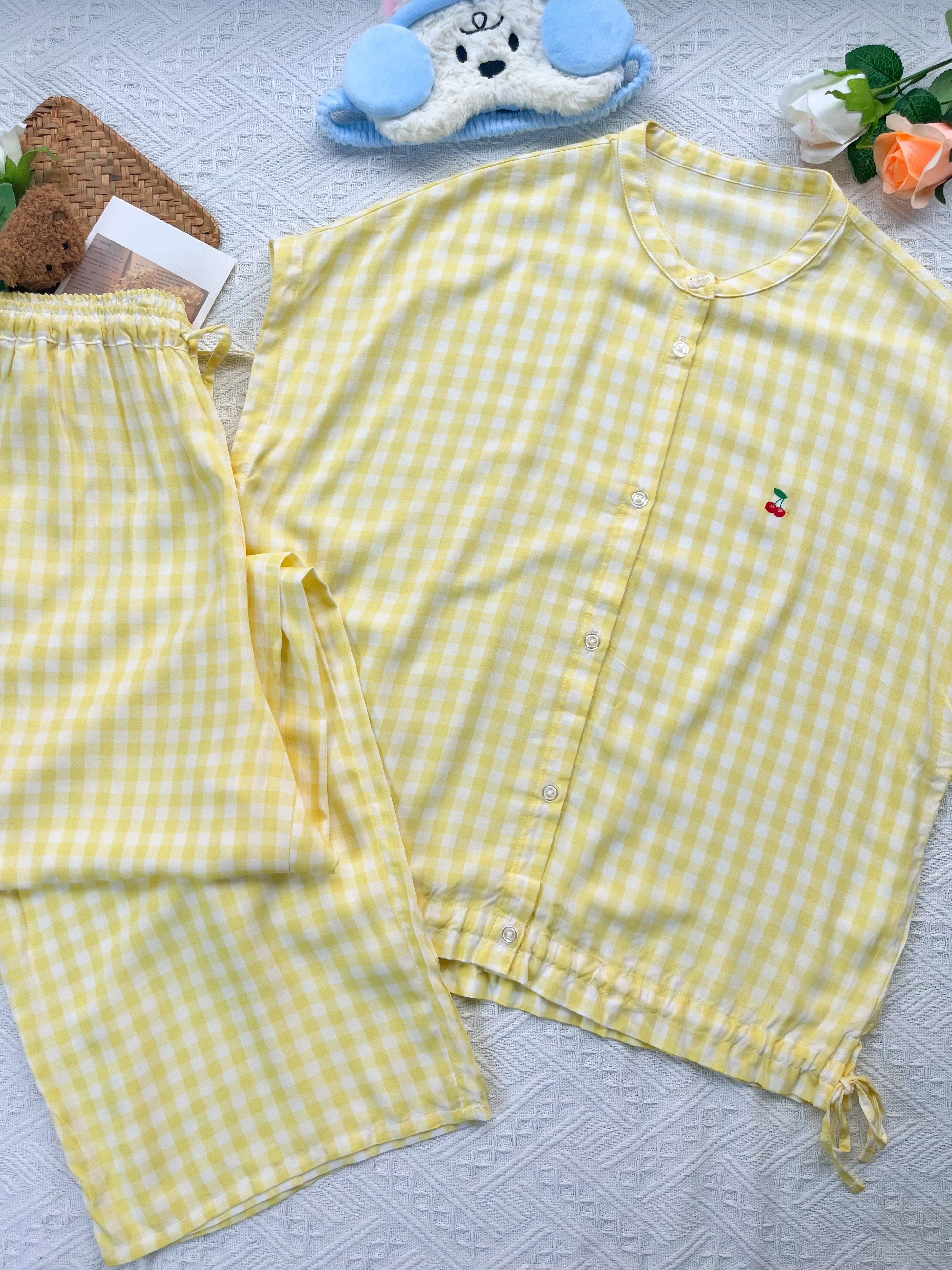 Yellow & White Gingham Crew Neck Short Sleeve Long Sleeve Pajama Set