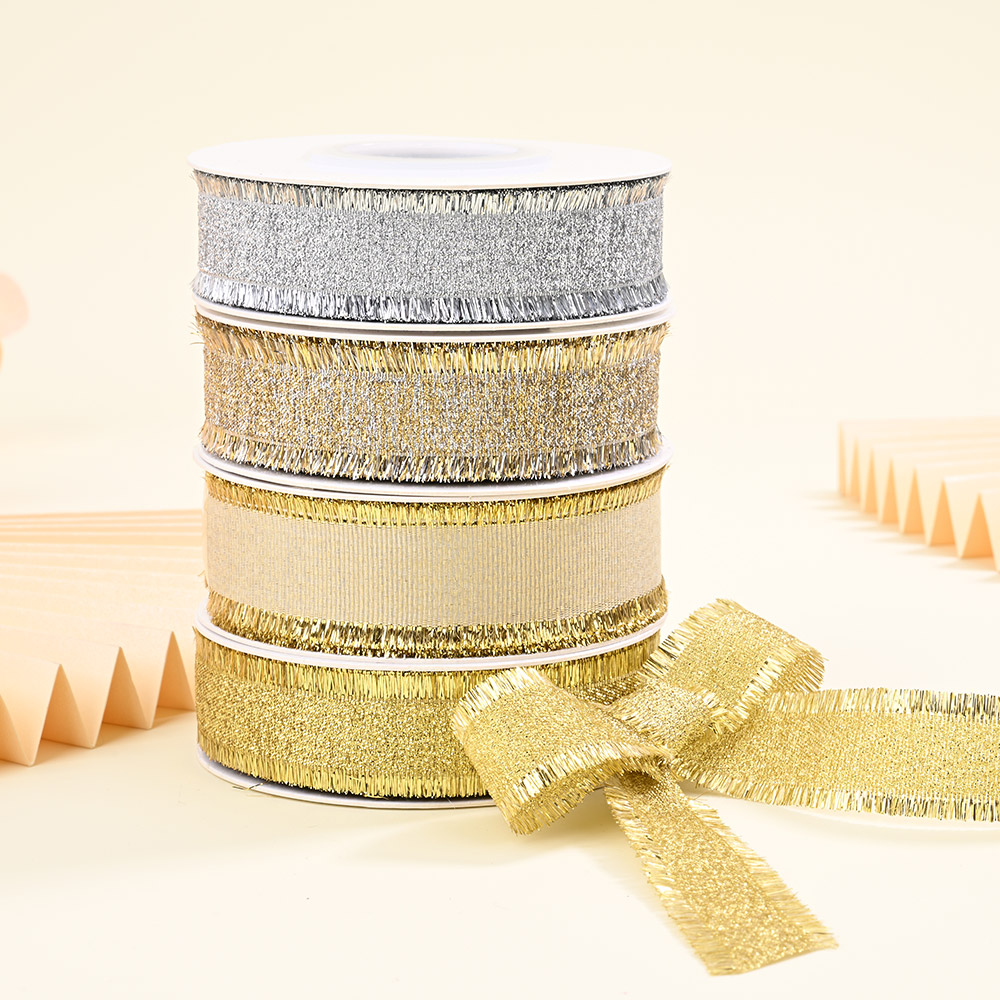 25mm Grosgrain Ribbon with Gold & Silver Metallic Edge – Decorative Ribbon for Gift Wrapping