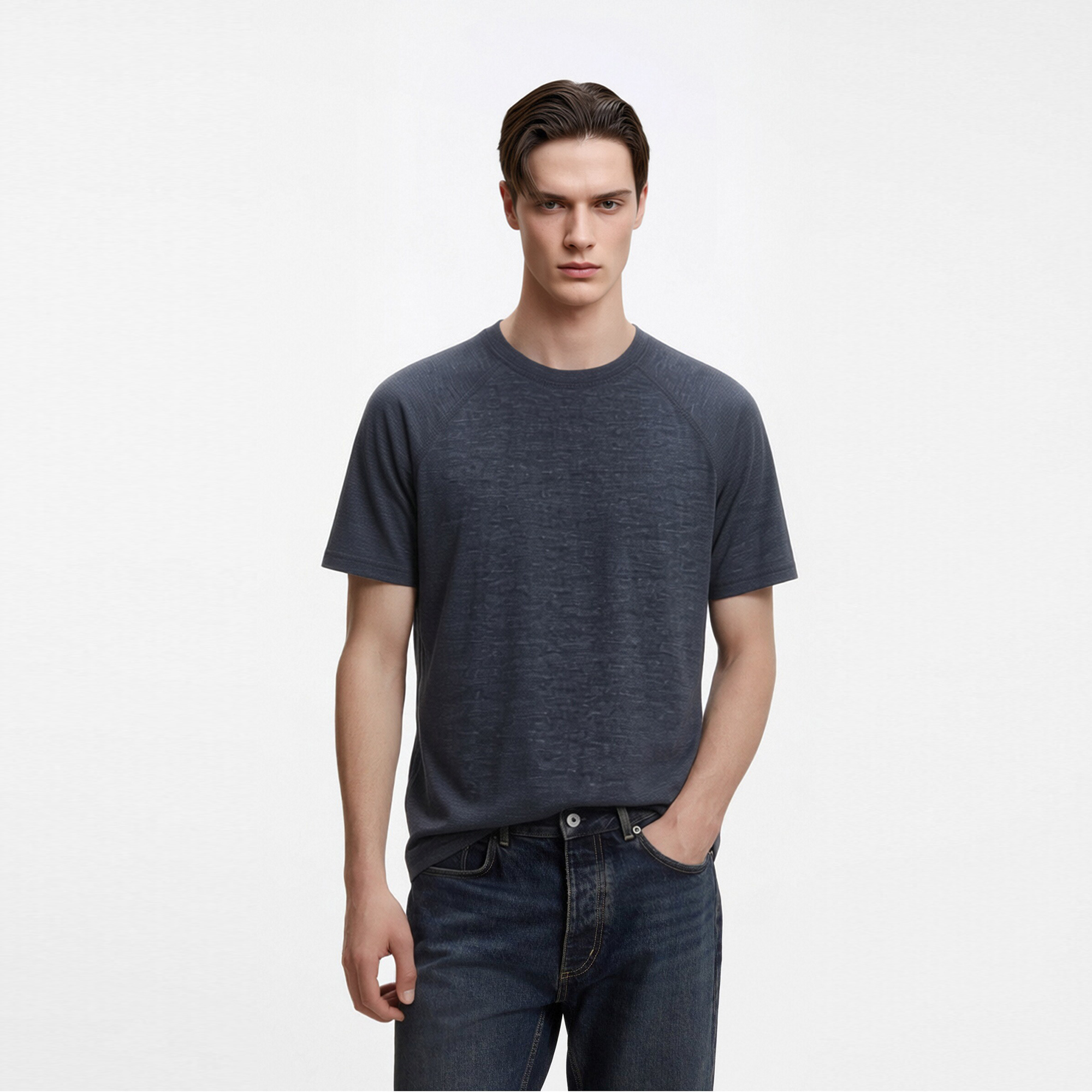 Men's sports wear T-shirt Merino wool polyester top knitted short sleeve 160gsm MW0453