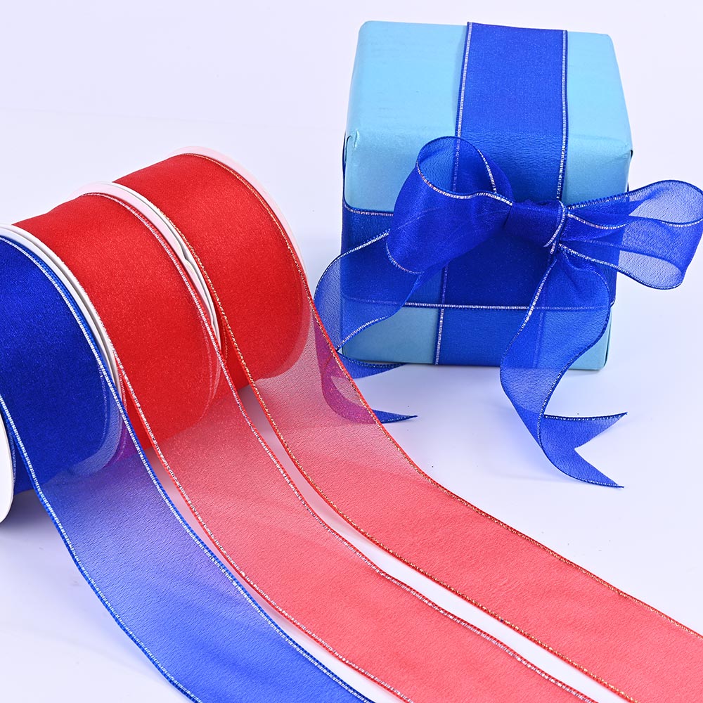 38mm Sheer Organza Ribbon with Metallic Edge for Gift Wrapping and Decoration