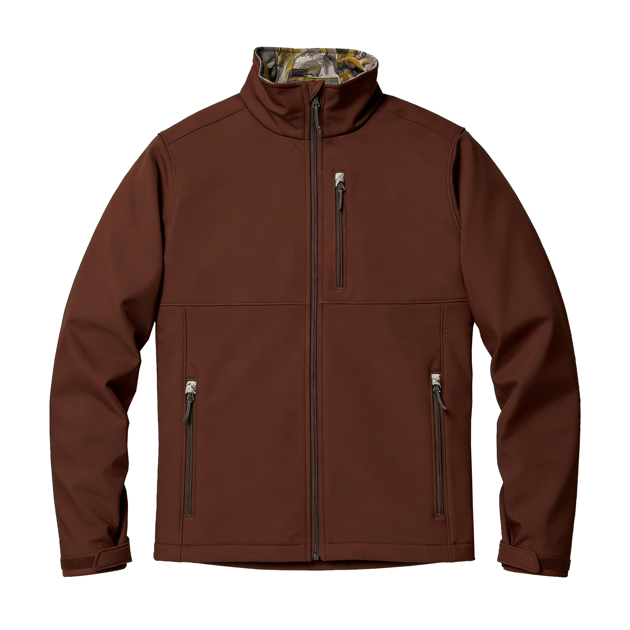 Men Stand Collar Softshell Jacket Multi Zip Pocket Velcro Cuff Camo Lining Windproof Water