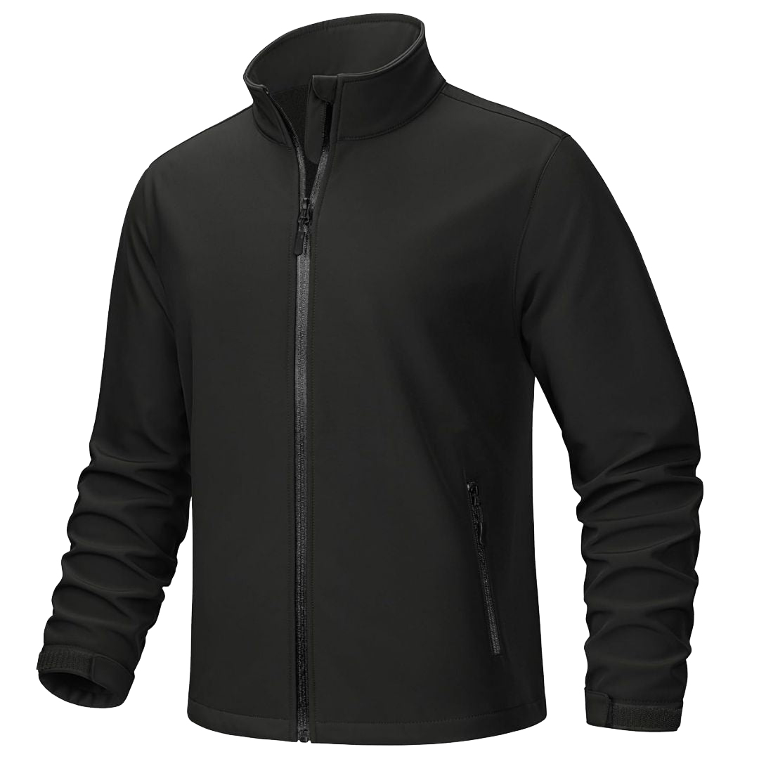 Men Stand Collar Softshell Jacket Multi Zip Pocket Velcro Cuff Fleece Lined Windproof Water