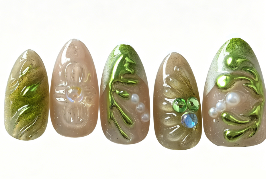 Dihang Green forest-style 3D Almond Press-on Nails