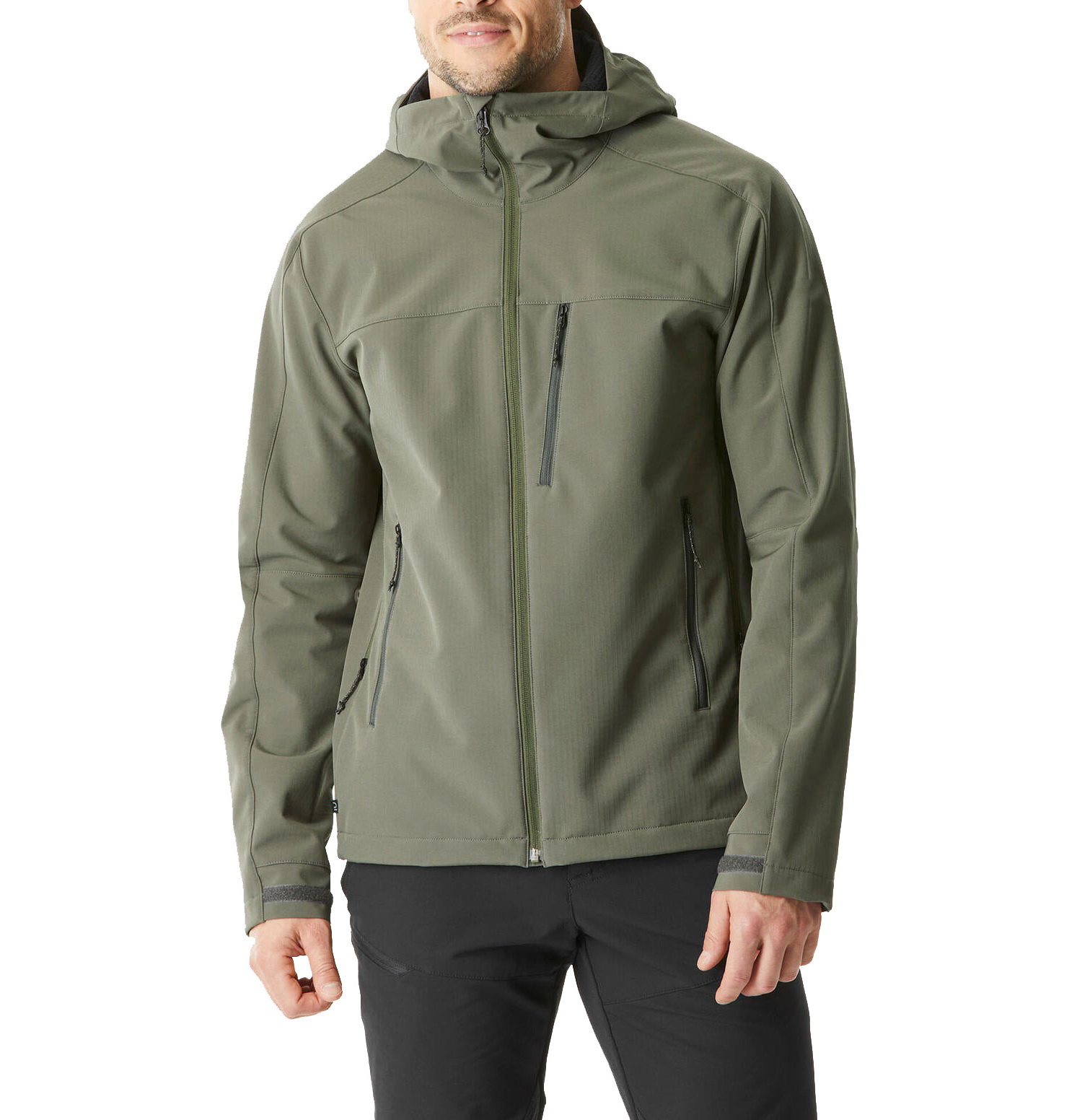 Men Hooded Softshell Jacket Multi Zip Pocket Velcro Cuff Windproof Water Resistant Breathable