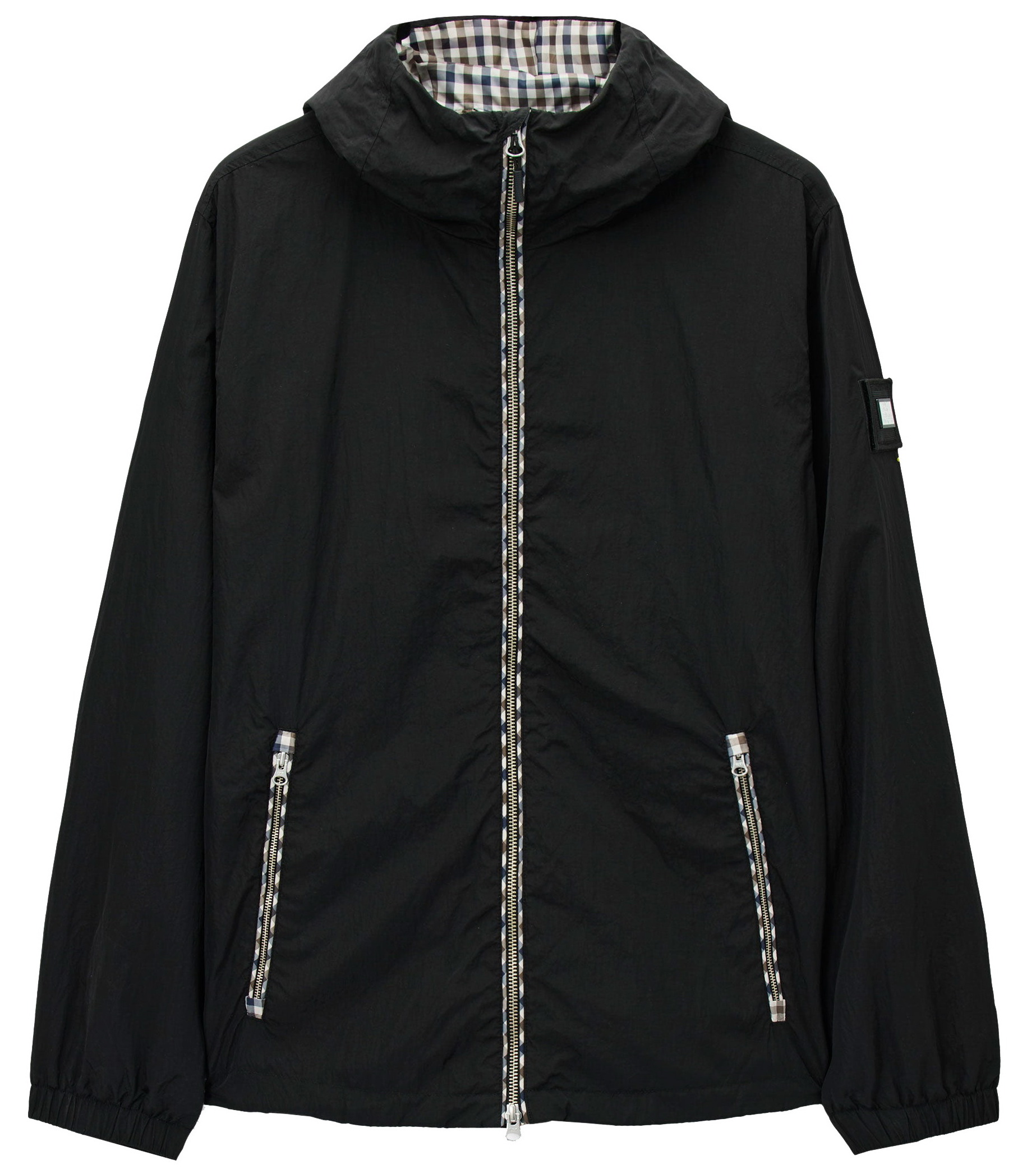 Unisex Black Plaid Lined Hooded Windbreaker Jacket Zip Pocket Elastic Cuff Lightweight Windproof