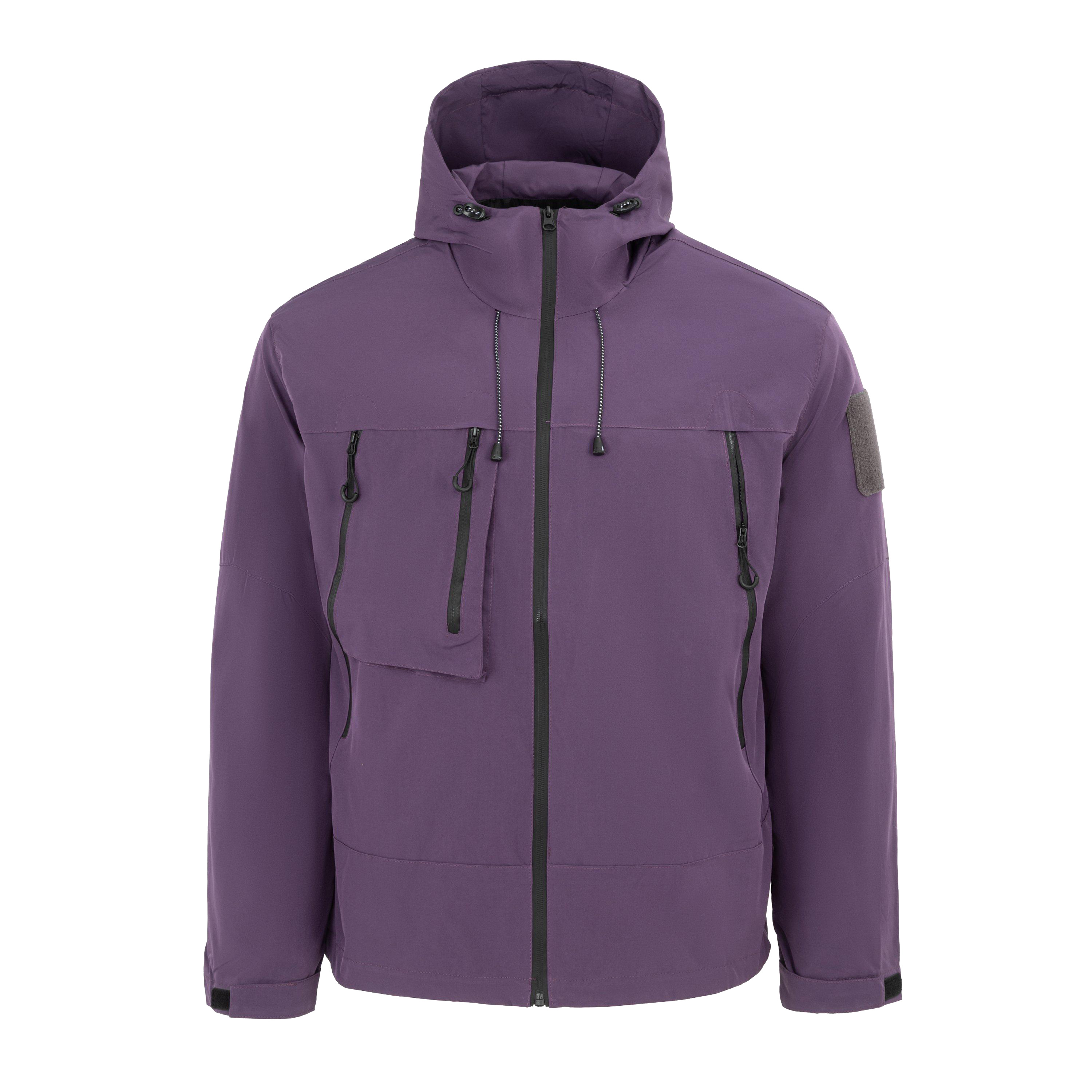 Unisex Techwear Multi-Pocket Hooded Windbreaker Jacket With Patch Sleeve Adjustable Cuff Hem