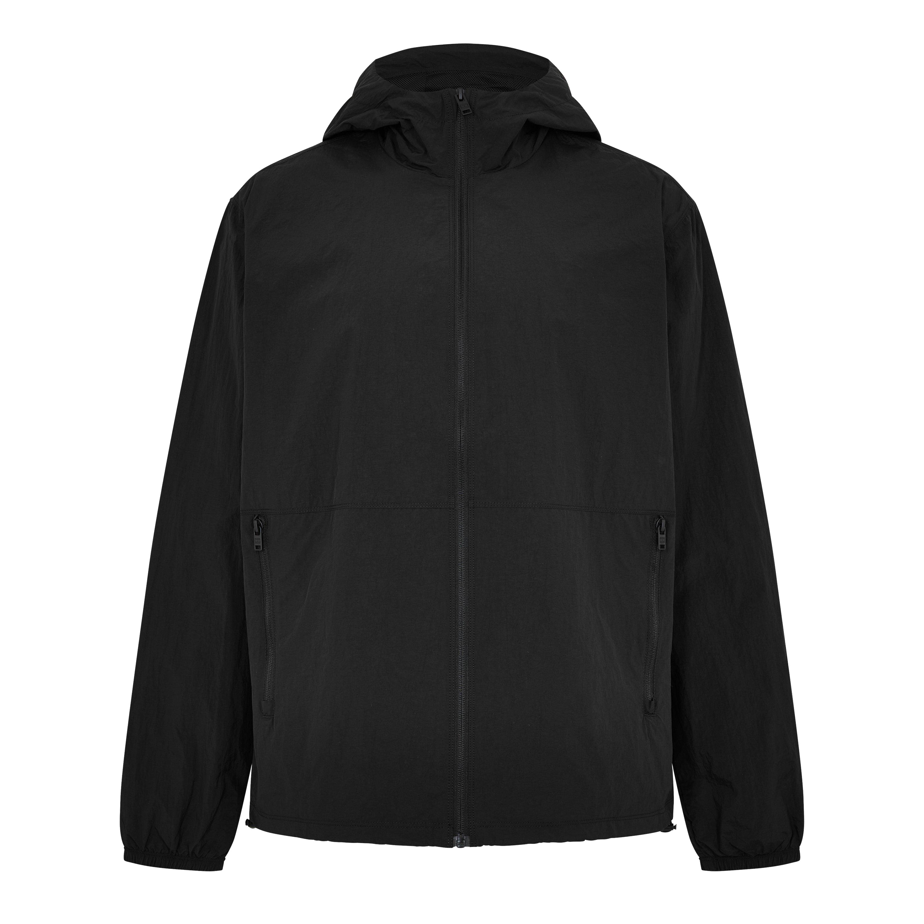 Unisex Stand Collar Hooded Windbreaker Jacket Adjustable Cuff Zip Pockets Windproof Durable