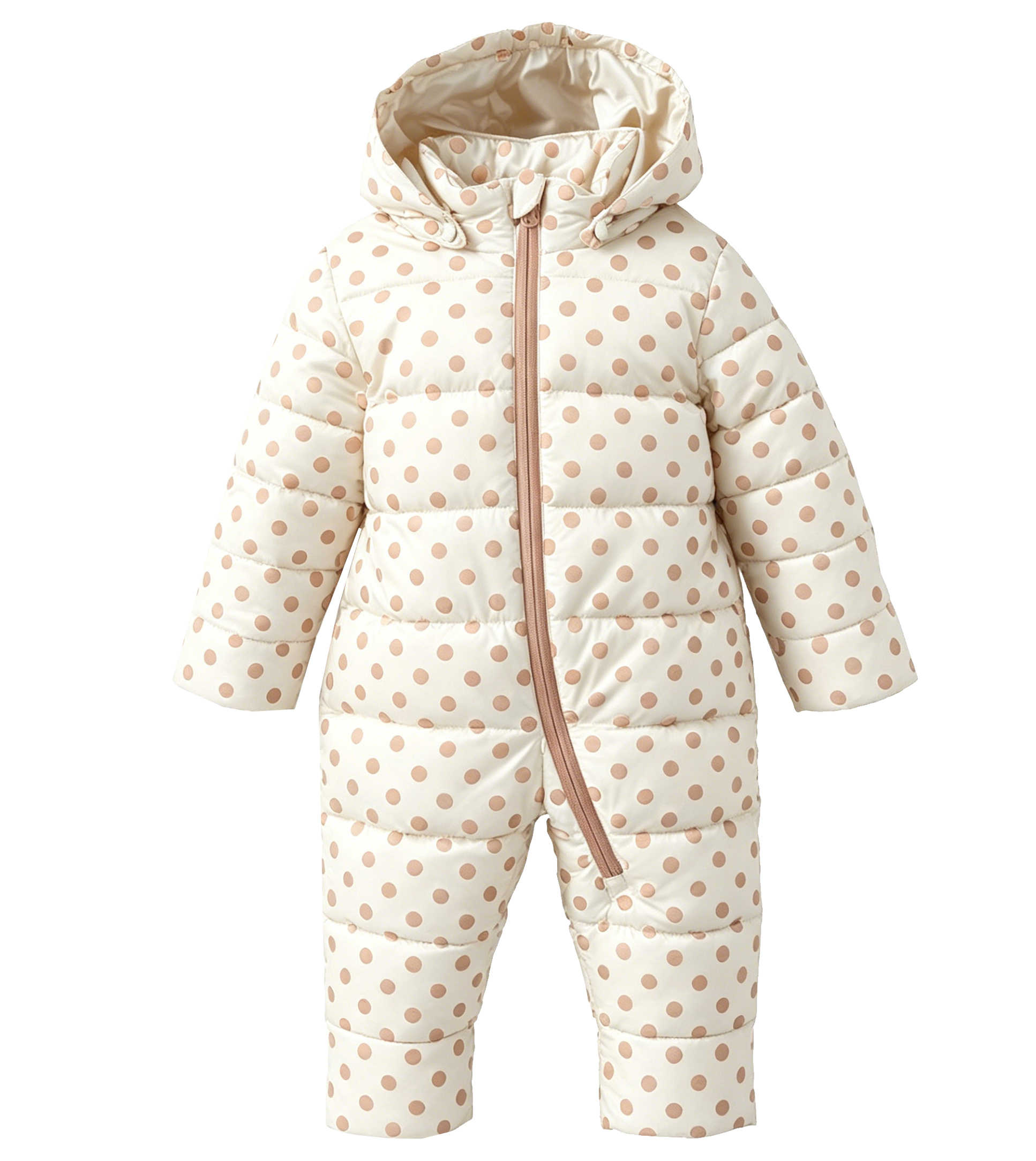 Baby Puffer Snowsuit Romper with Hood, Diagonal Zipper & Fold-Over Cuffs, Solid & Polka Dot Prints
