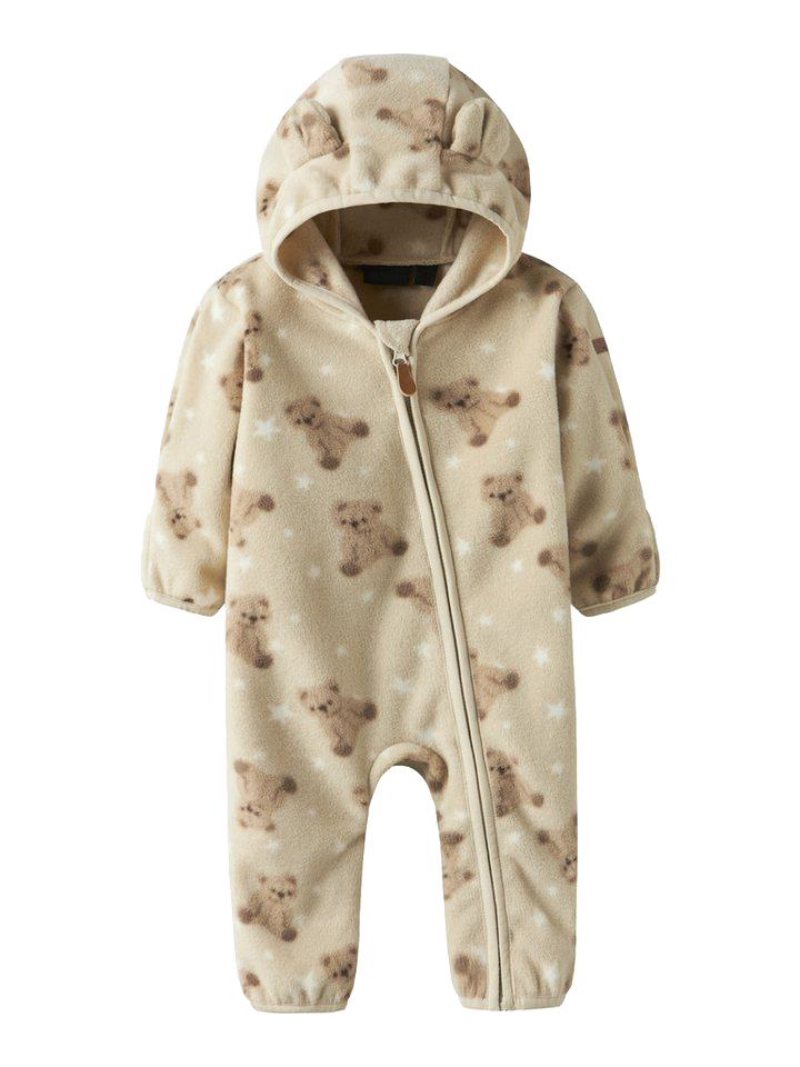 Baby Bear Print Fleece Romper with 3D Bear Ears Hood, Diagonal Zipper & Fold-Over Cuffs