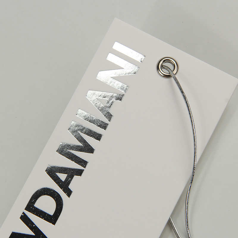 Silver Foil Printing Customized Paper Hang Tag Clothing Swing Tag with Silver Pin Elastic String
