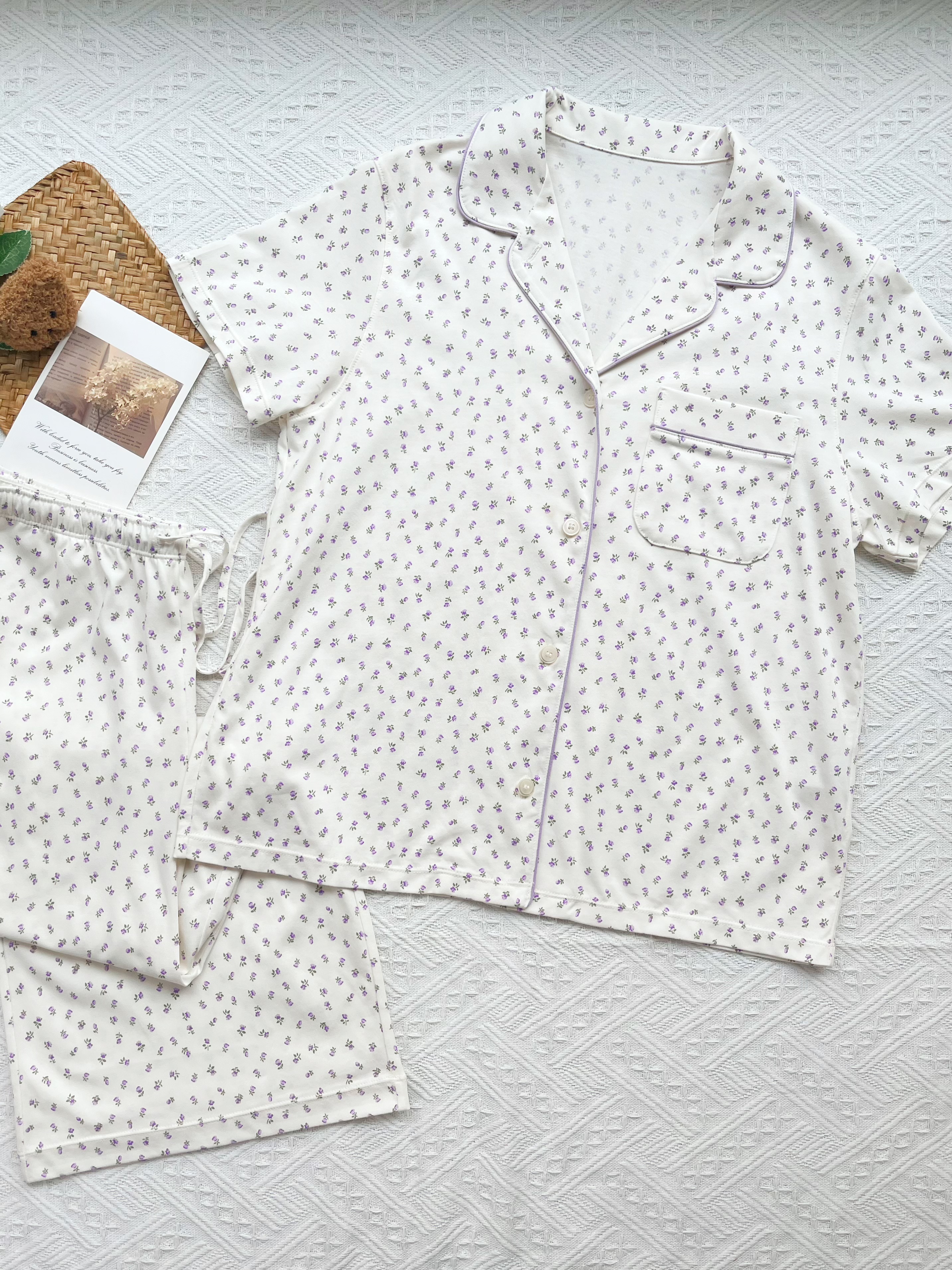 White with Purple Floral Contrast Trim Notch Collar Short-Sleeve & Long Pants Pajama Set