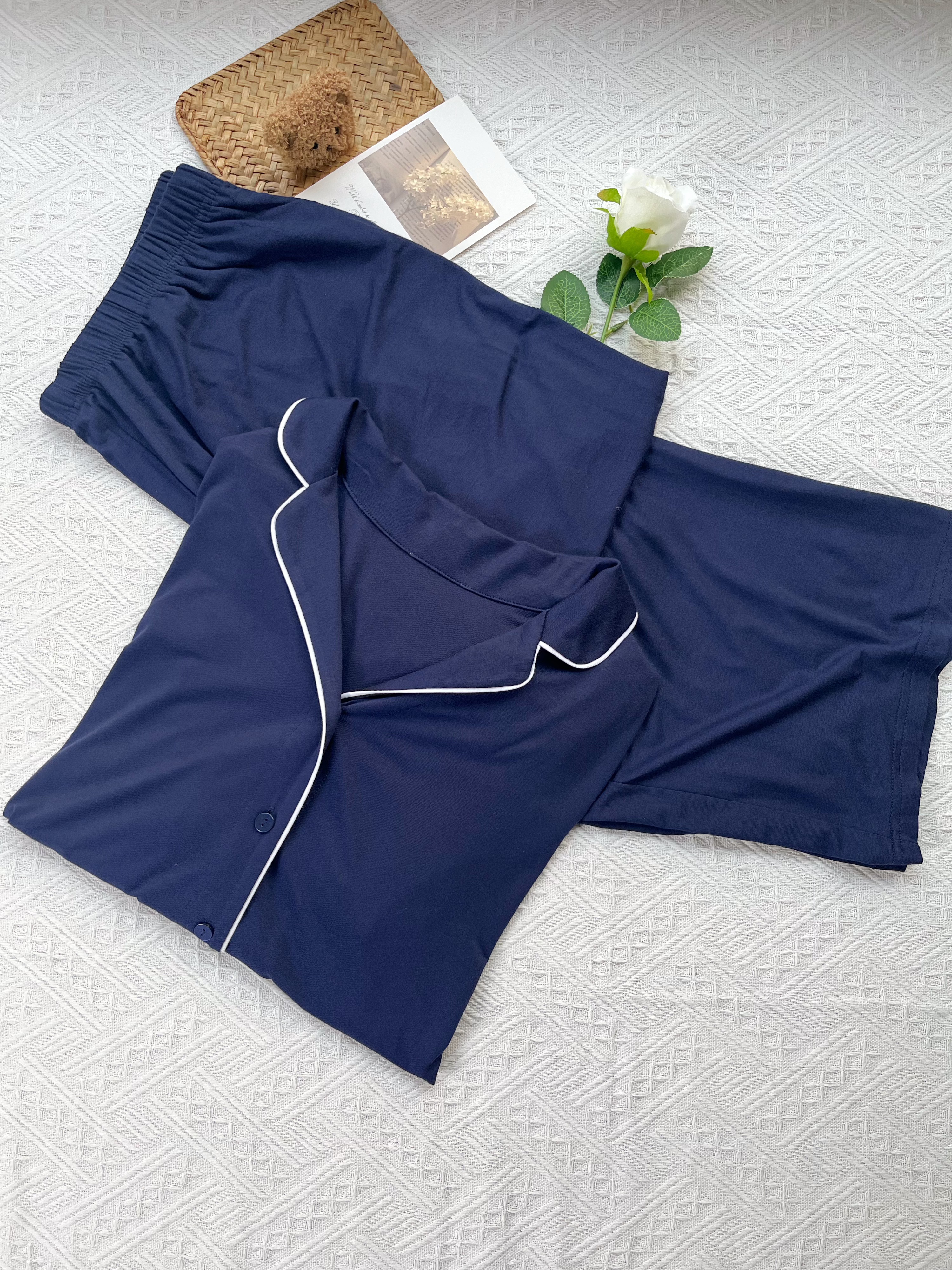 Navy Blue White Piped Lapel Pajama Set