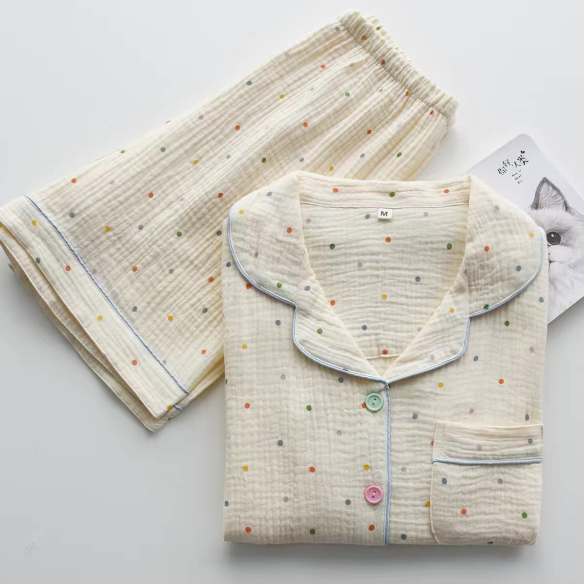 Off-White Colorful Polka Dot Cotton Gauze Pajama Set