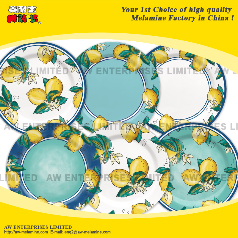 Melamine Tableware, Dinnerware, 16 Pc Dinner Set, Plate, Bowl, Cup, Mug, Tray, Lemon Design