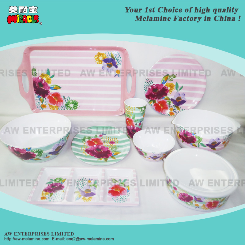 Melamine Tableware, Dinnerware, 16 Pc Dinner Set, Plate, Bowl, Cup, Mug, Tray, Pet Bowl, Summer