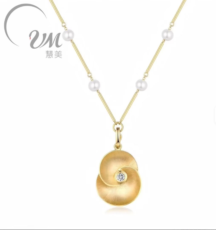 VM 18K Yellow Gold Alocasia Flower Necklace with Diamond and Freshwater Pearl NGTC Certified