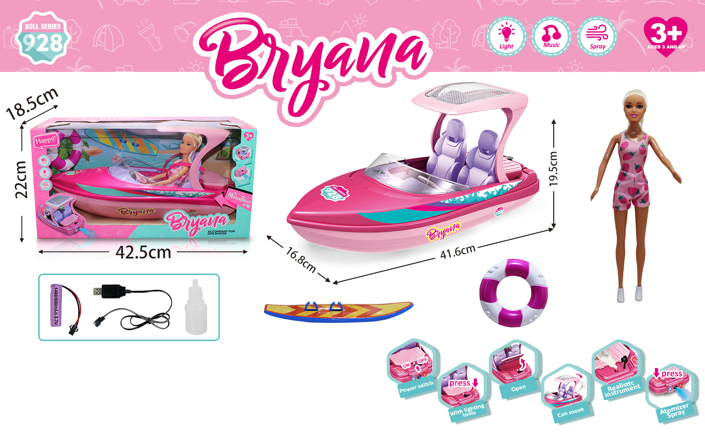 Sailing yacht, with lights and music, button spray + lights, button dashboard with 4 lights