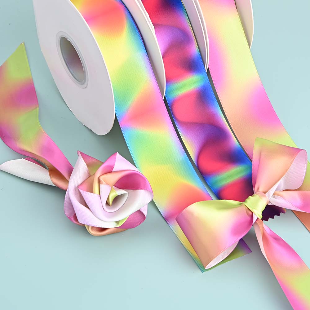 Rainbow Gradient Printed Satin Ribbon for Handmade Flowers, Soft Polyester DIY Craft Ribbon
