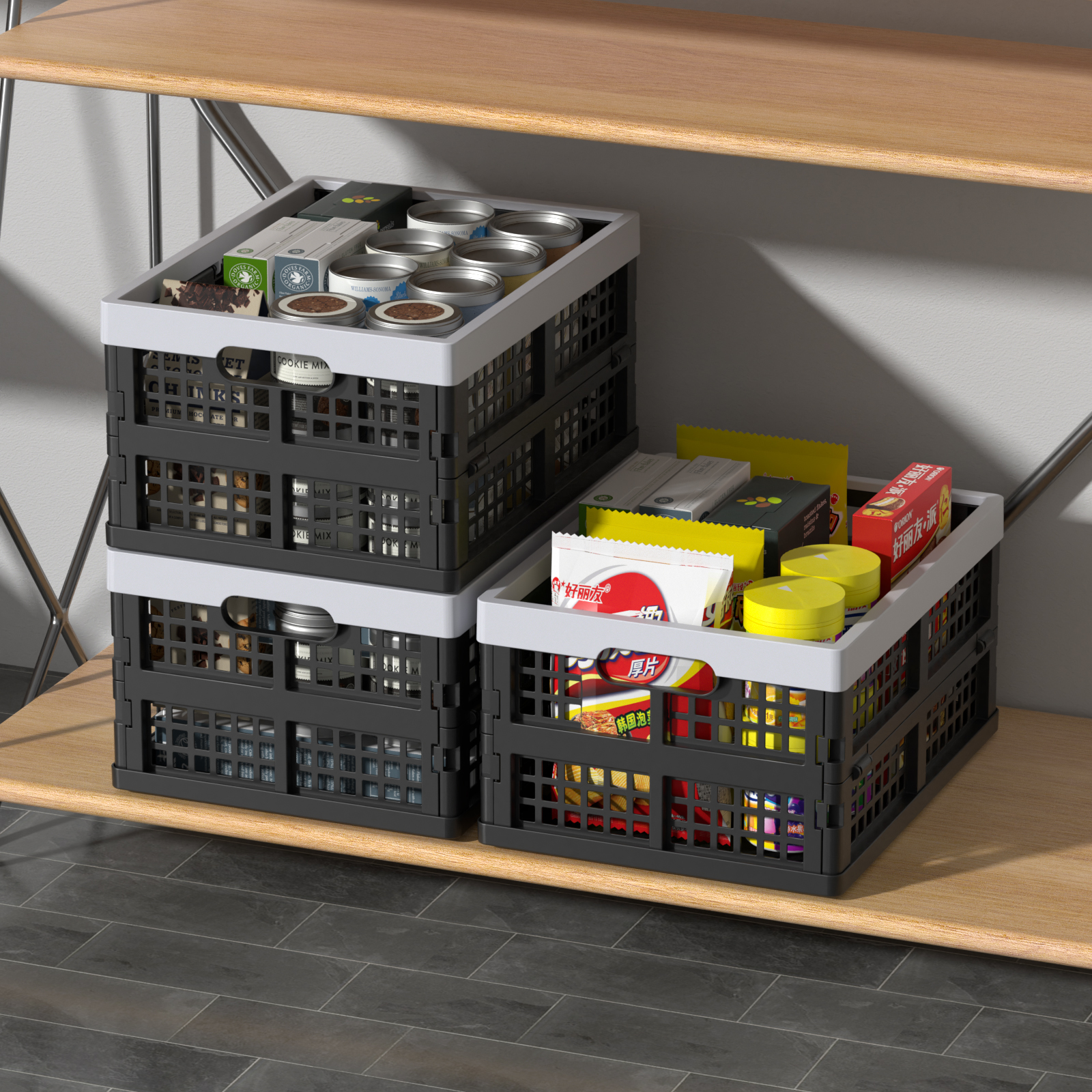 15L Plastic Collapsible Storage Crates, Folding Crates Storage Basket, Pack of 4, Black