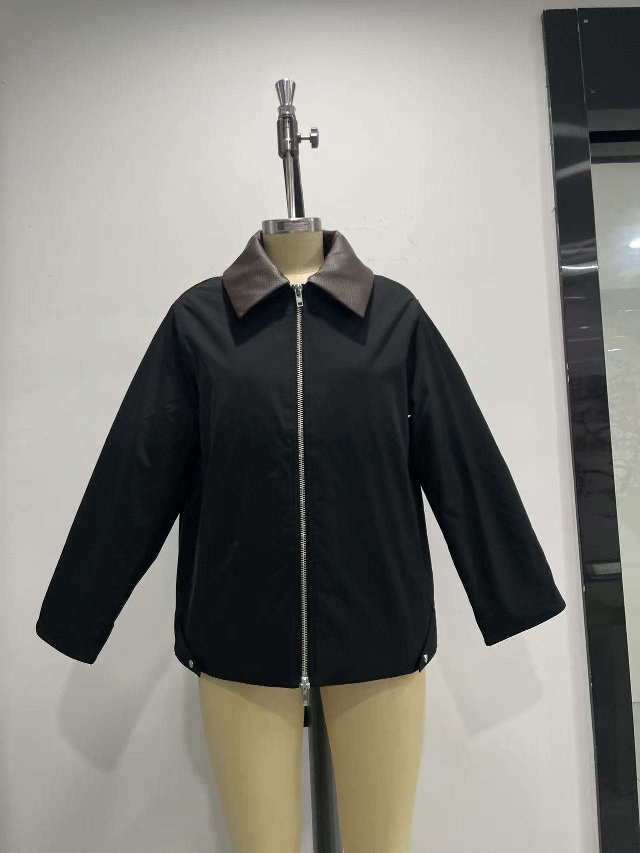 Black Contrast Leather Collar Zip-Up Jacket