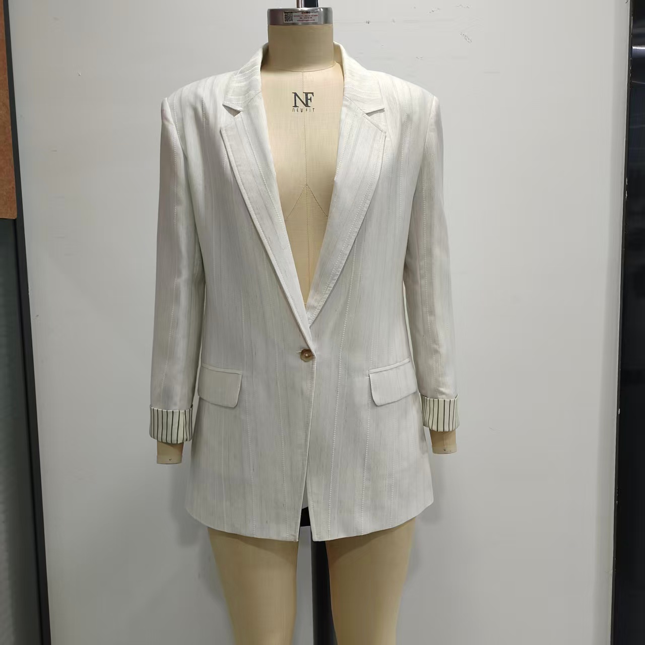 Roll-Up Cuff Striped Linen-Blend Blazer