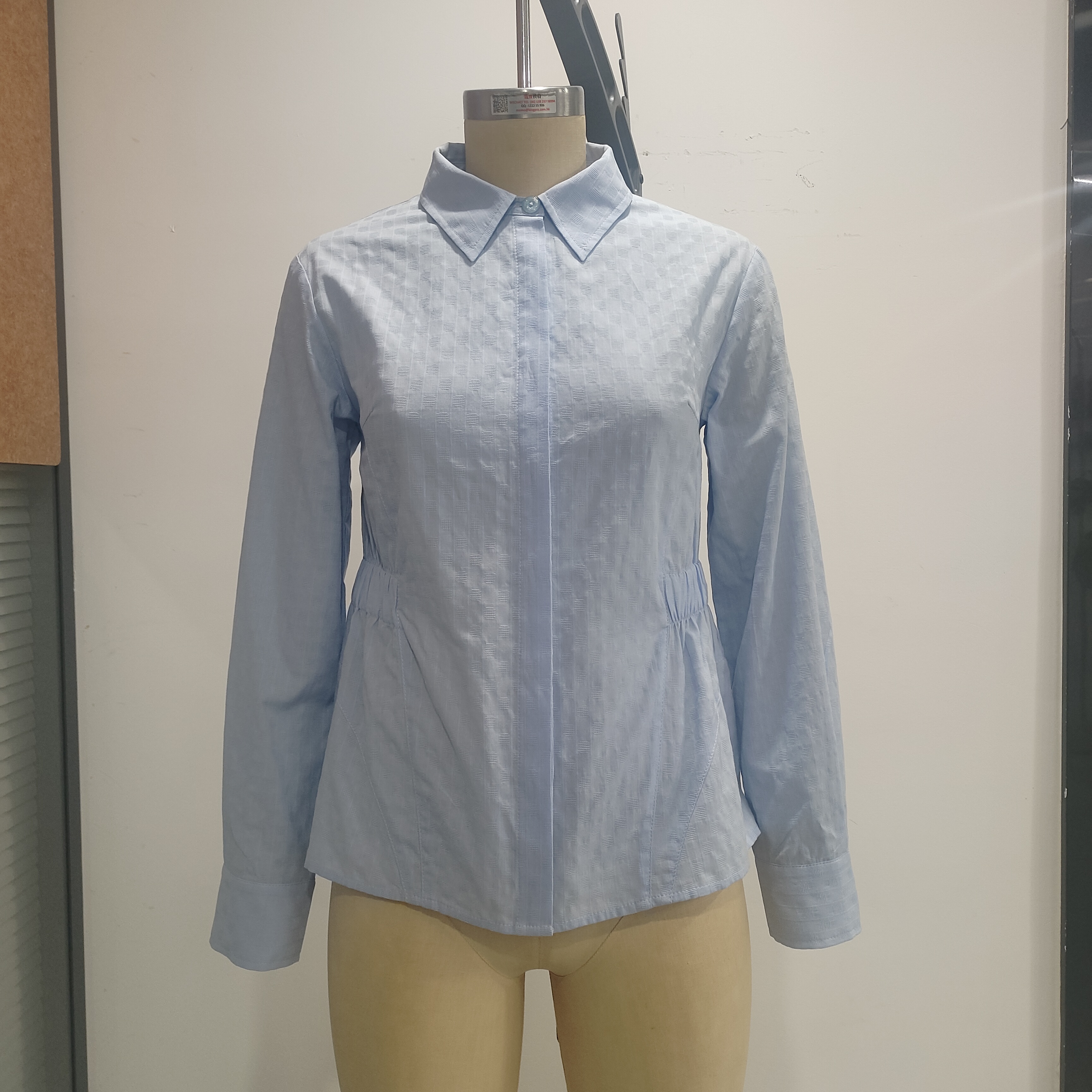 Light Blue Textured Waisted Long-Sleeve Shirt