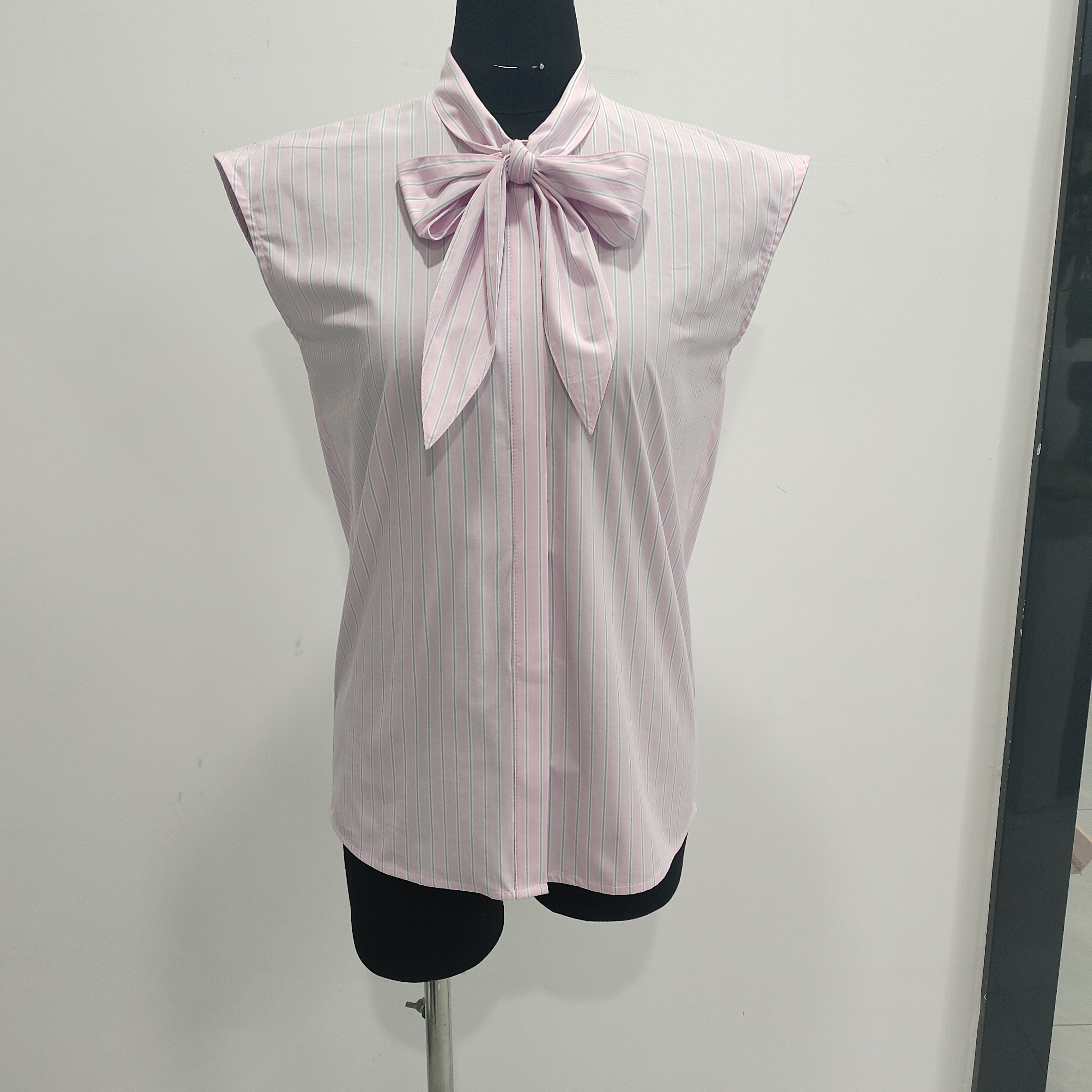 Pink Striped Bow Tie Sleeveless Blouse