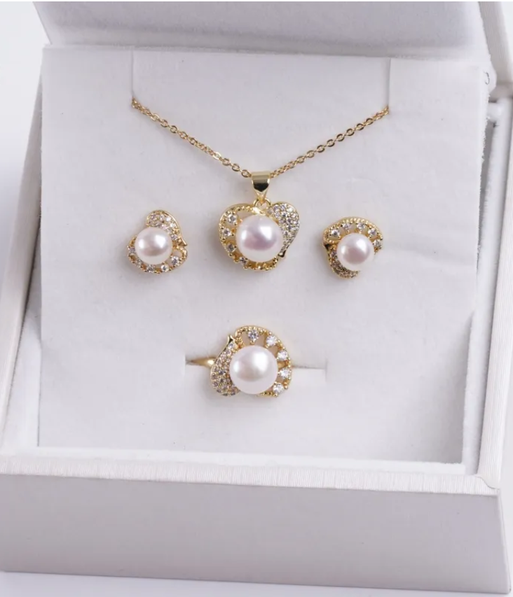 Handmade freshwater pearl necklace pendant earring and ring set For gift