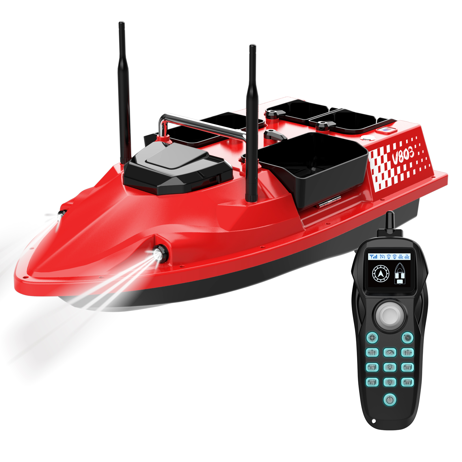 Flytec V803 Four Hoppers Dual Antenna Hook Attach & Fishing Line SendingSmart RC BaitBoat forFishing