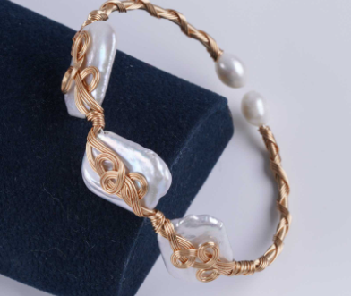 Freshwater Pearl Bracelet Hand Wrapped Natural Freshwater Baroque Pearl Opening Bracelet