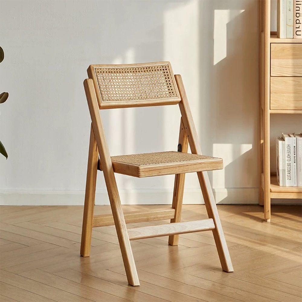 Modern Design Durable Folding Solid Wood Dining Chair with Rattan Backrest