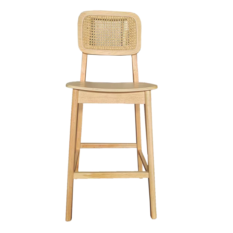 Modern Designer High Chair Solid Wood and Bamboo Bar Stool with Rattan Backrest for Home Living Room