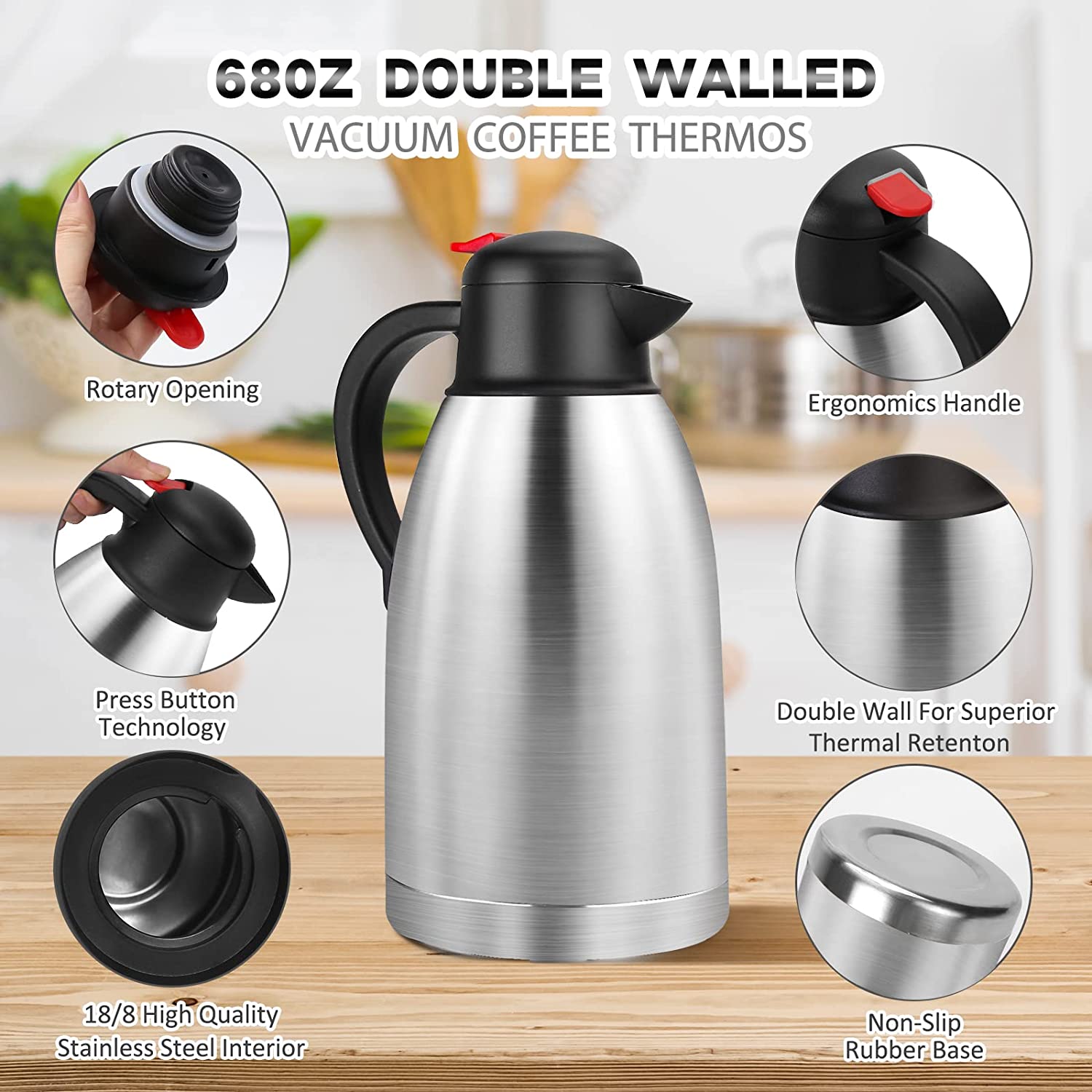 Stainless Steel Vacuum Flask – Hot Water Thermos, Coffee Carafe & Water Jug