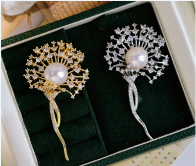 Dandelion Brooch Zircon Gold Silver Freshwater Pearl Brooch