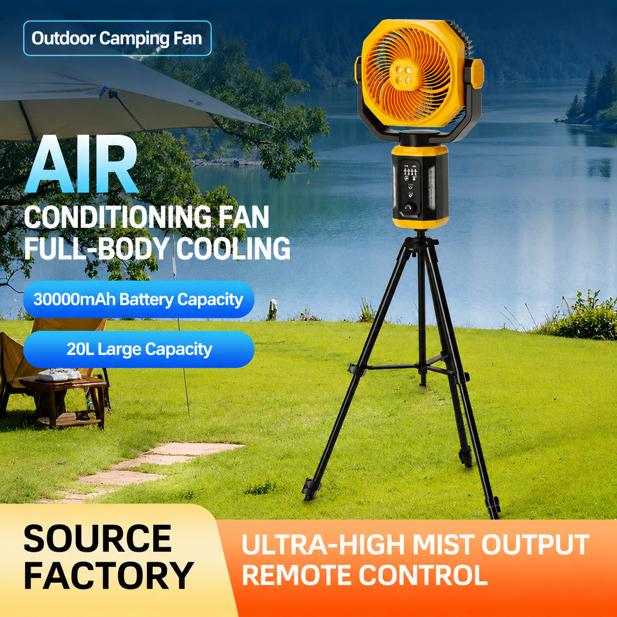 Portable 20000mAh Rechargeable Oscillating Misting Fan with Stepless Speed Outdoor Camping Mist Fan