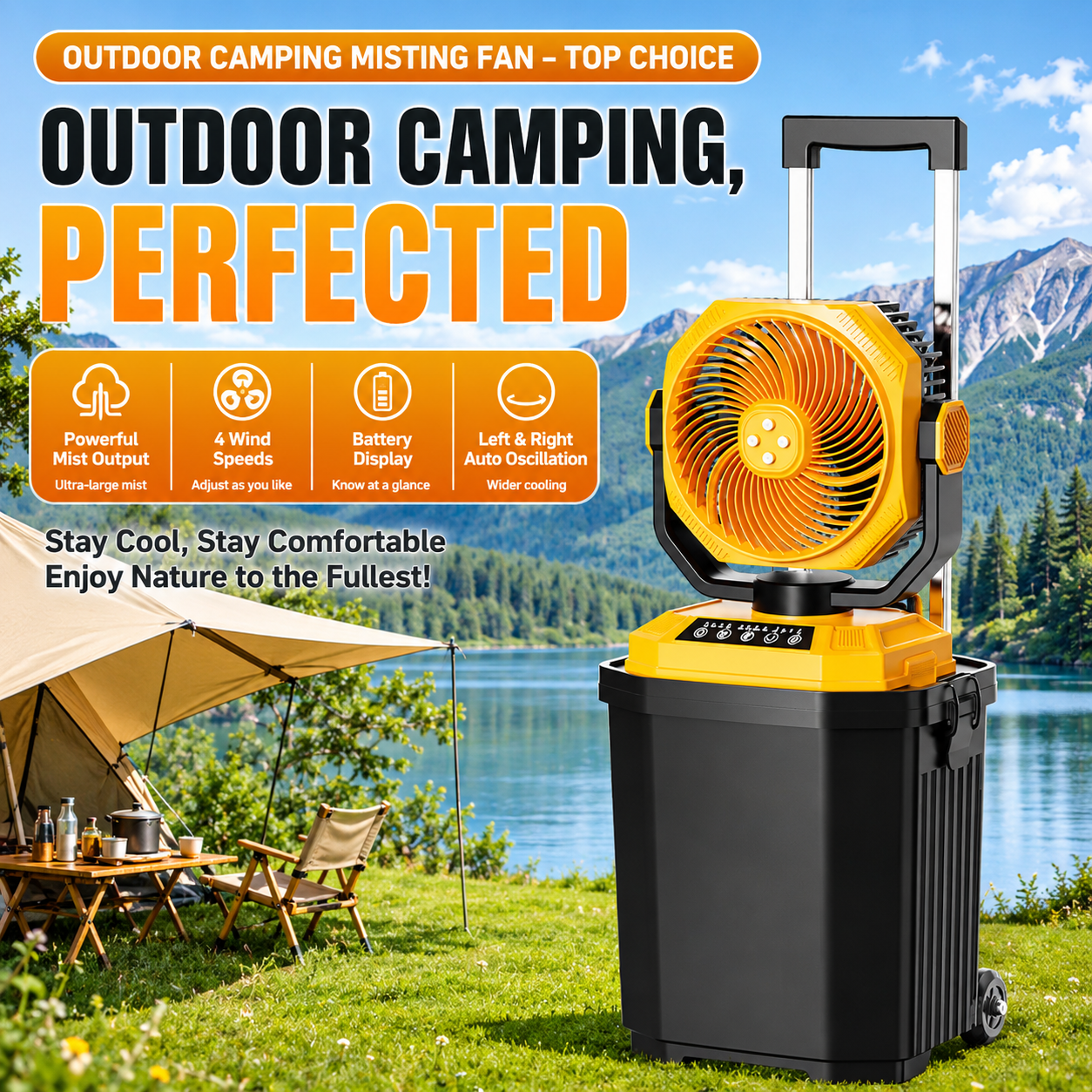 Portable Trolley-Style Mist Fan with 15.6L Large-Capacity Water Tank – Cooling Mist Fan for Outdoor
