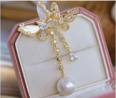 Butterfly Zircon Copper Plated Gold Freshwater Pearl Brooch