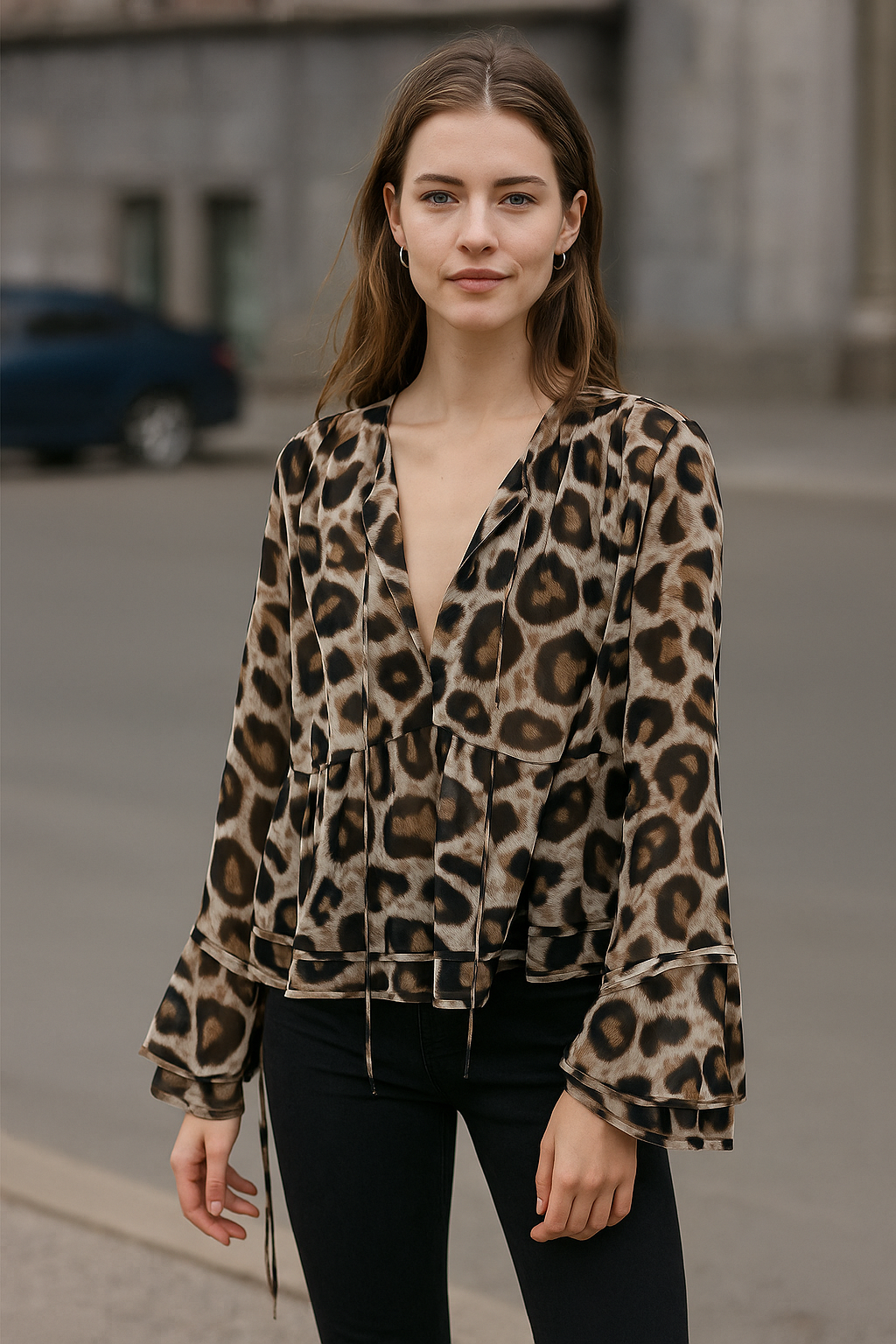 Women’s 100% Polyester Leopard Print V-Neck Blouse with Flared Bell Sleeves