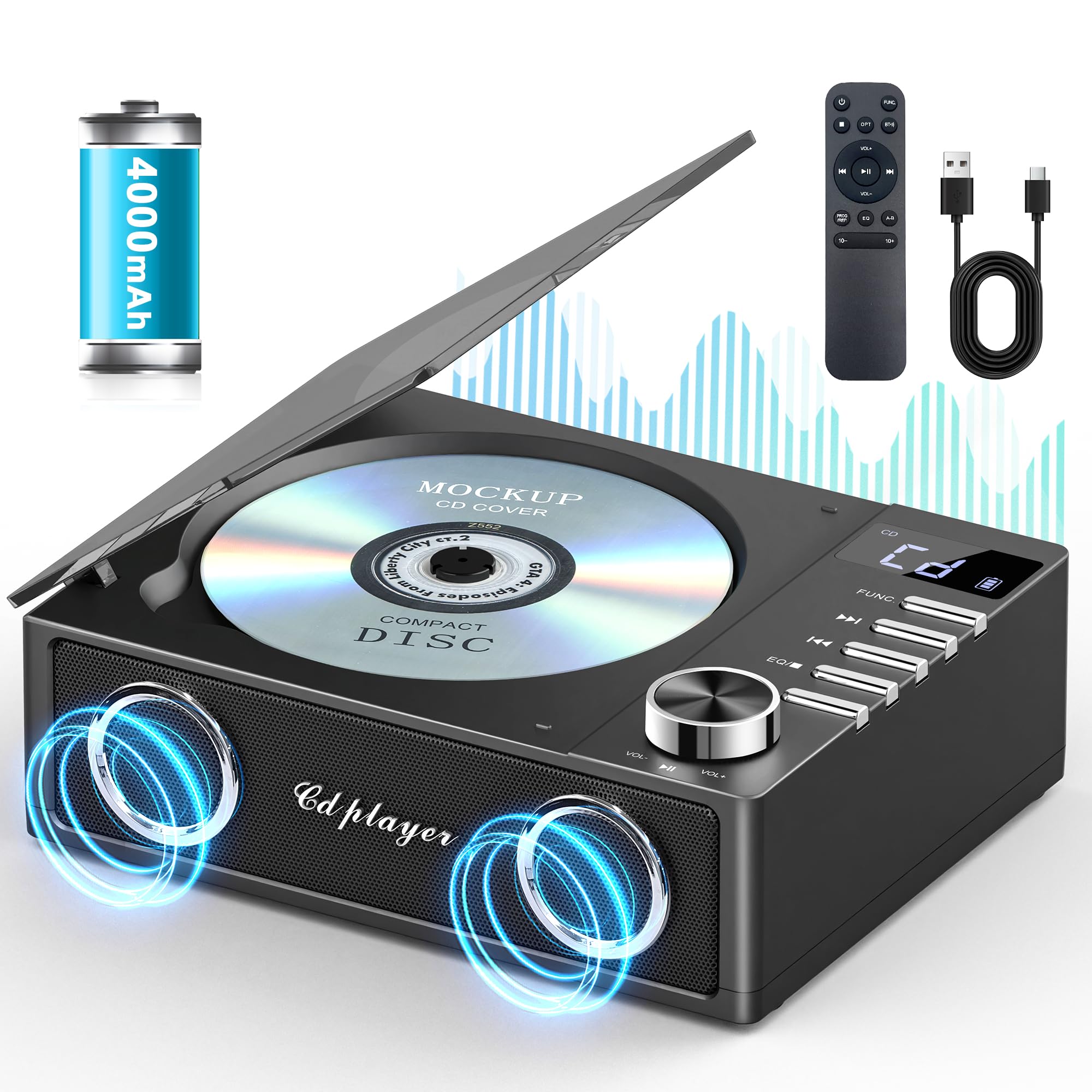 Portable CD Player with Bluetooth 4000mAh Rechargeable CD Player with Remote Control CD Player