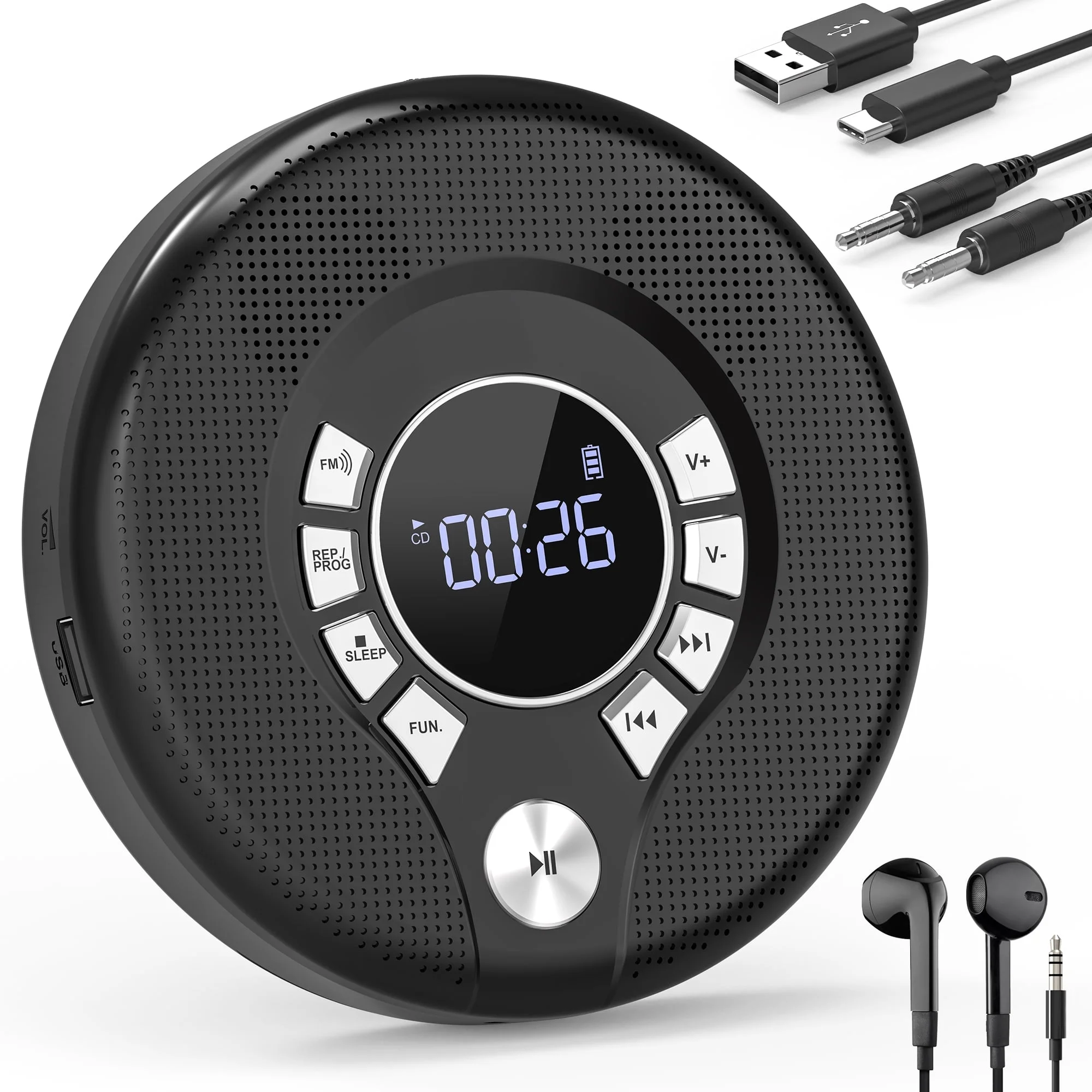 2000mAh Rechargeable BT CD Player Portable in Car Compatible Personal CD Player