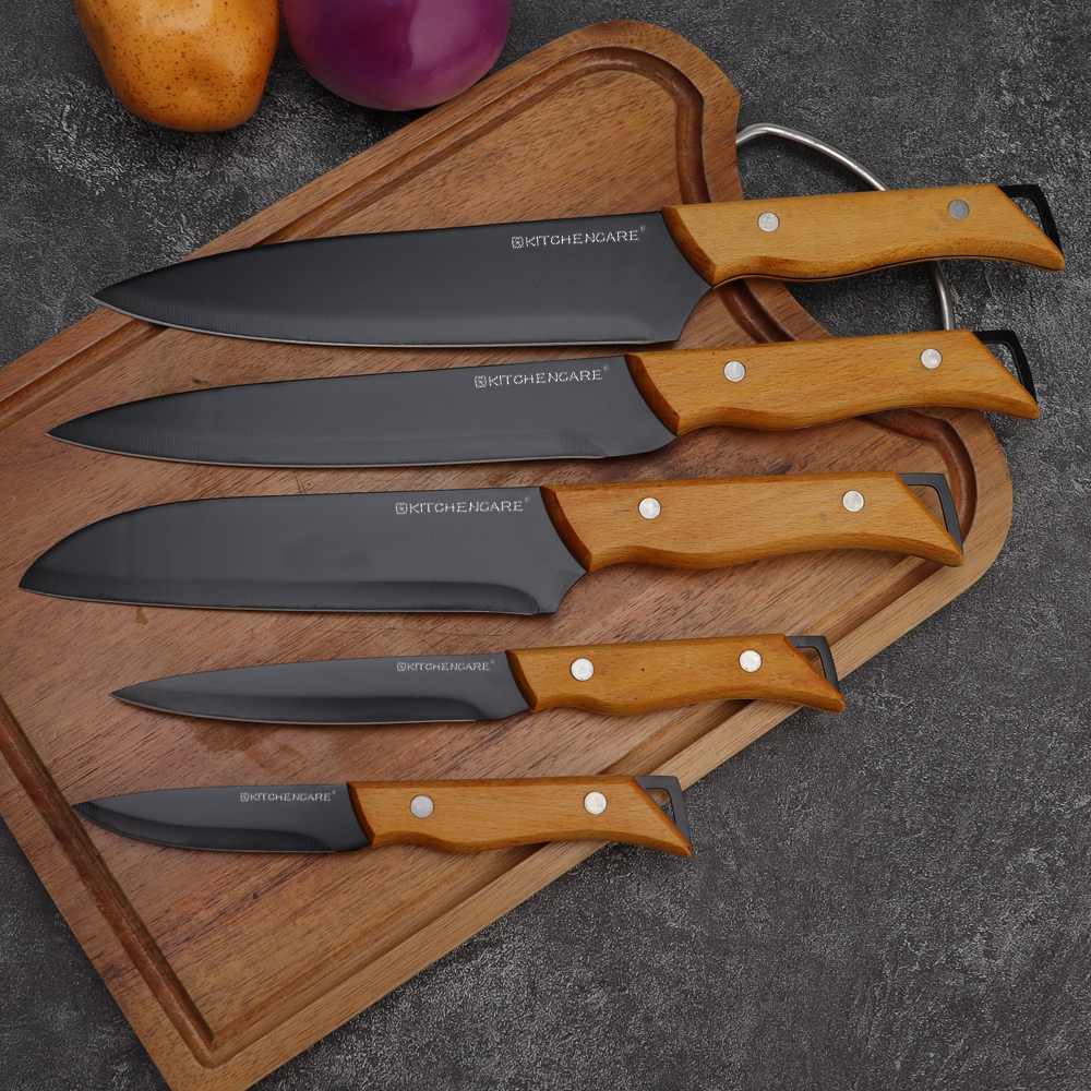 Hip-home Wood Handle Black non-stick Kitchen Knife Set Custom Stainless Steel Chef Knife for Meat