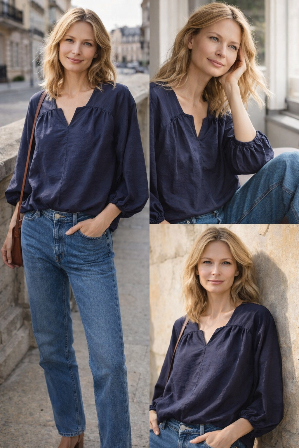 Women’s 85% Viscose 15% Polyamide Blend V-Neck Gathered Lantern Sleeve Blouse
