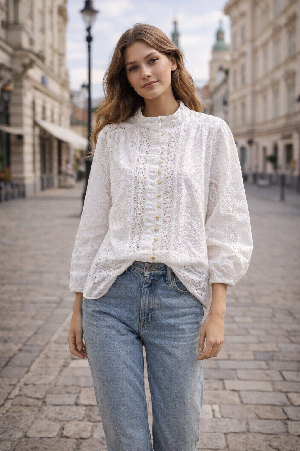 Women’s 100% Cotton Eyelet Embroidered Stand Collar Blouse with Shell Buttons